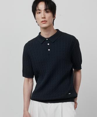 Ssei Standard Cable Collar Short Sleeve Knit Navy