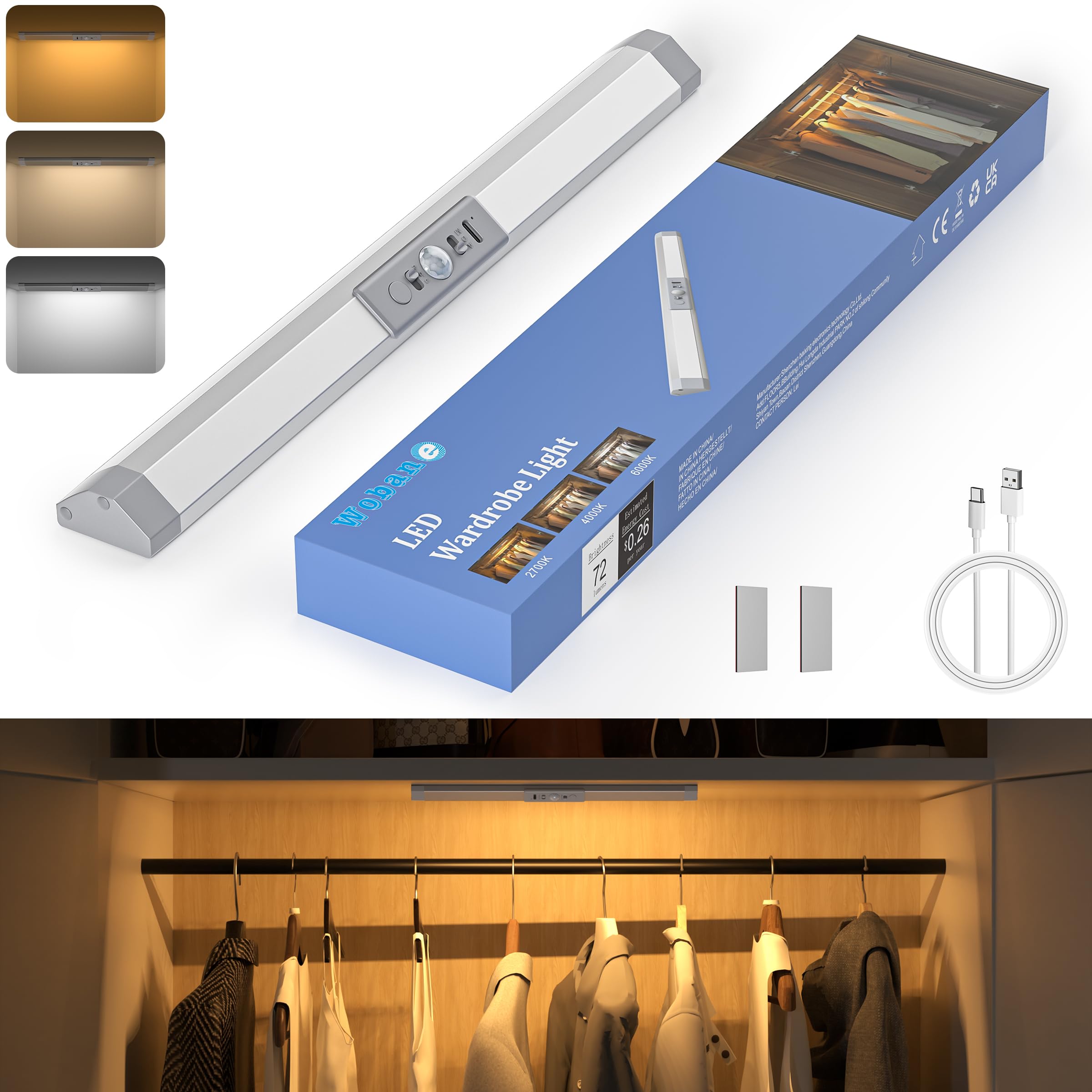 

Wobane Motion Sensor Color Temperature Memory Closet No Wiring Energy Long Suitable for Power Outage Gift Light, Indoor, Type-C Rechargeable,
