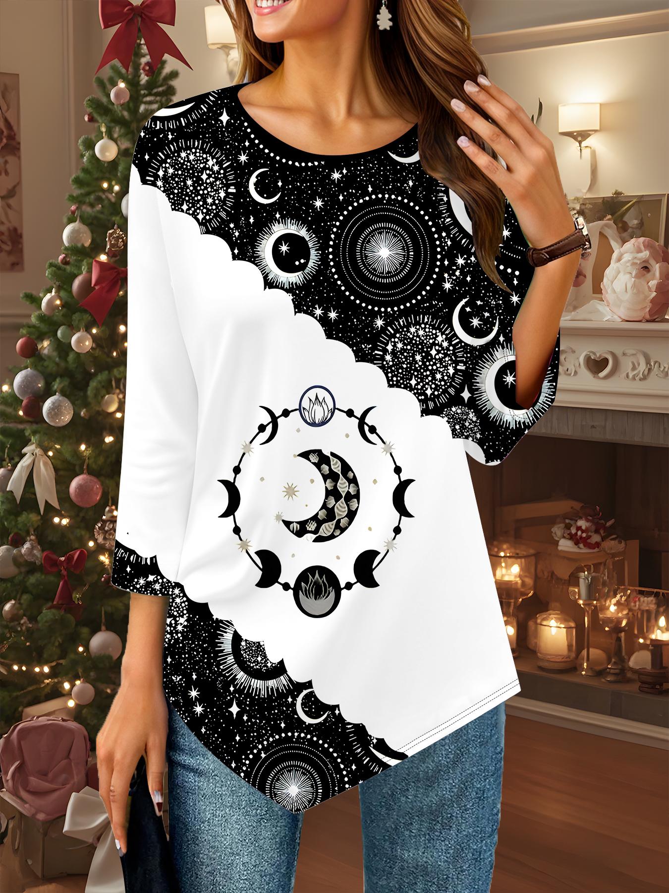 

Женская свободная футболка с круглым вырезом и рукавом три четверти, 3D-принт с луной 8XL чёрный
