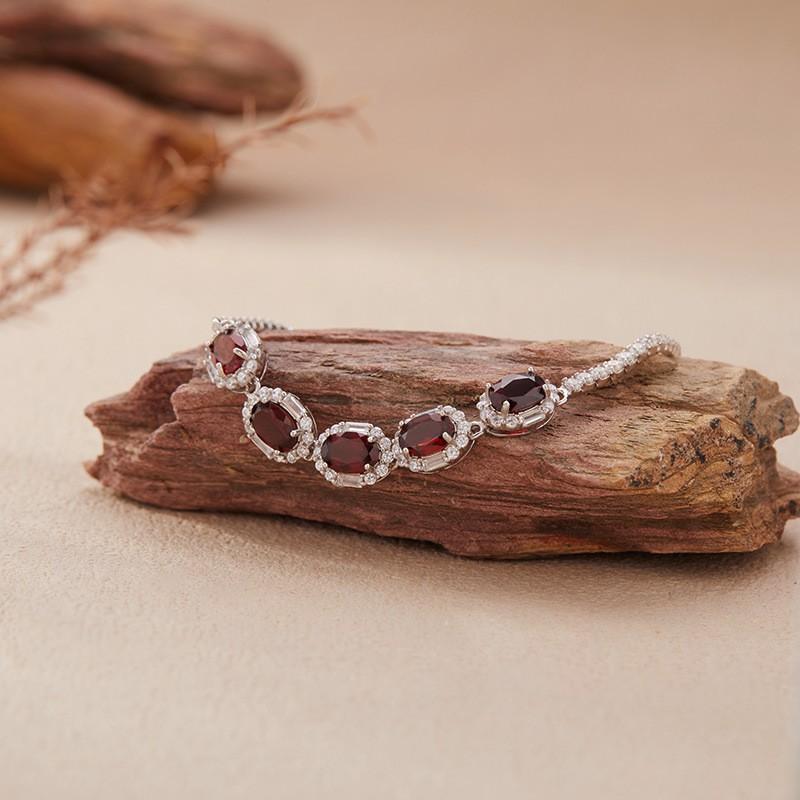 Sterling Adjustable Tennis Chain Bracelet With Natural Garnet Gemstones Pave Zircon Accents Women