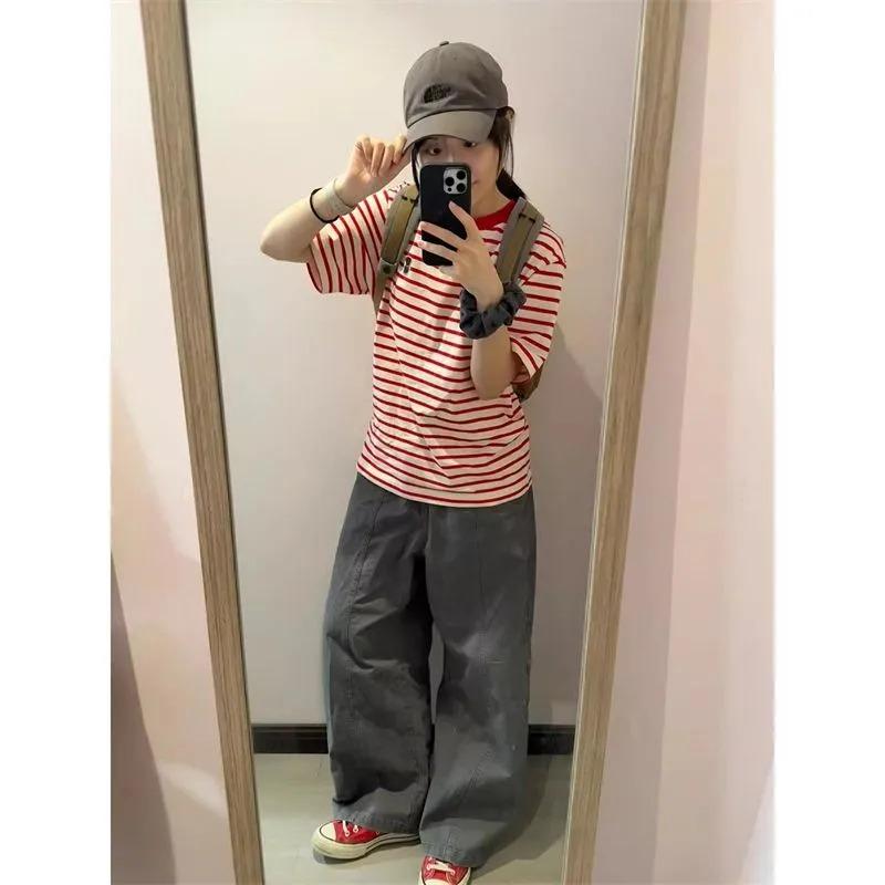 

American Retro Fun Pattern Short-sleeved T-shirt for Women Summer Striped Design Loose Slim Casual and Versatile Top XL червоний