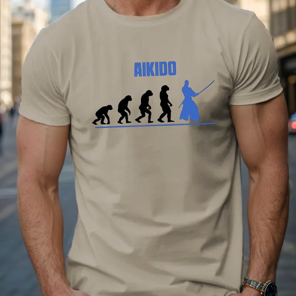 Aikido Evoluce Bojová Umění Grafické Tričko Pánské Ležérní Krátký Rukáv Prodyšná Bavlna Letní Tričko