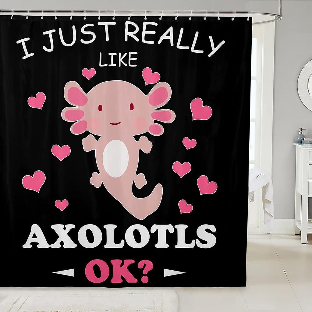 Süßer Axolotl-Duschvorhang, Kawaii-Cartoon-Salamander-Badezimmervorhang mit Haken, Wasserdichte Duschvorhänge für Badewannen-Dekor