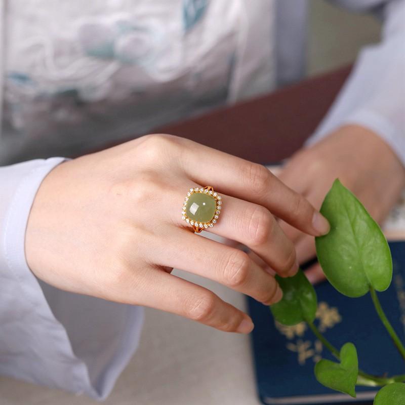 Adjustable Square Geometric Ring Women Men Copper Plated Gold With Jadeite White Jade Minimalist Vintage Style
