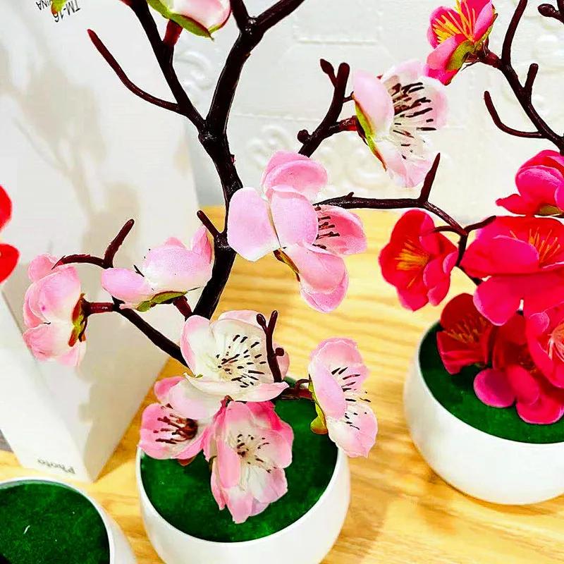 Simulation Plum Flower Pot Plant Artificial Plastic Fake Flowers Home Office Desktop Ornaments Wedding Party Background Decor