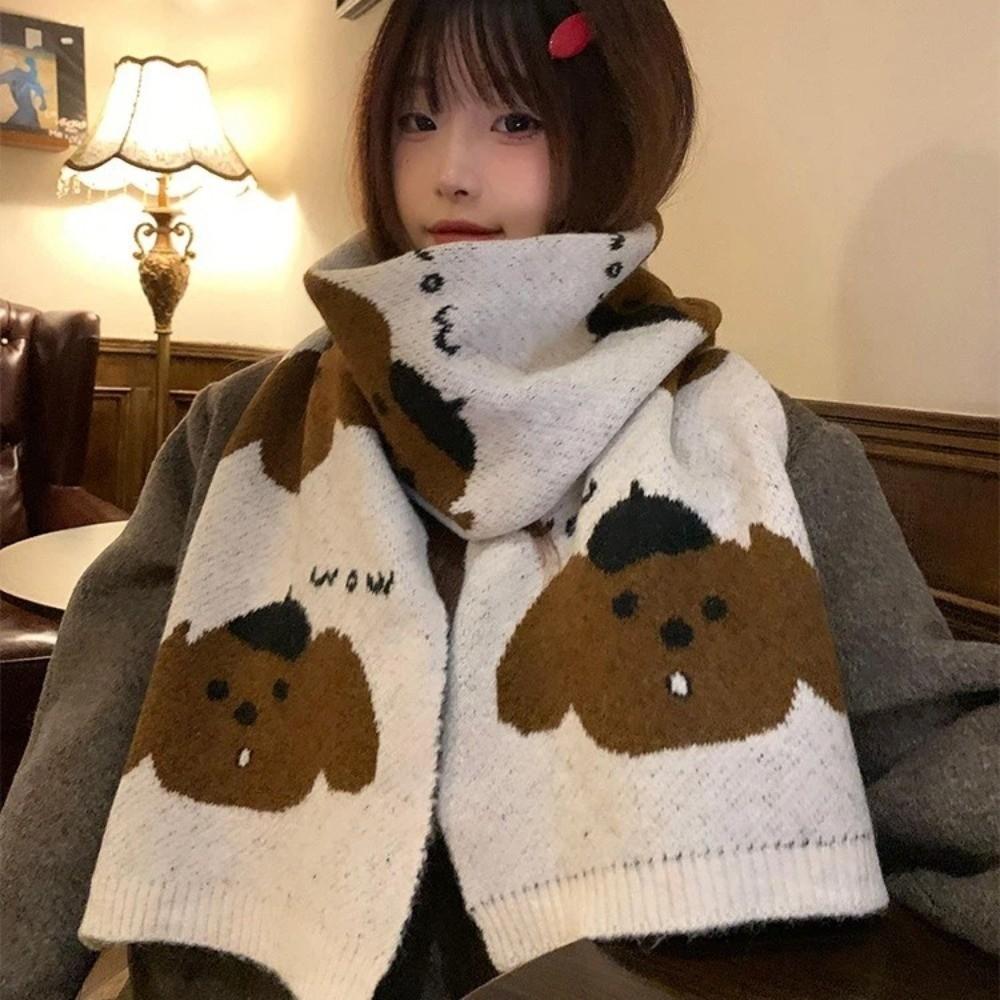 Cute Cartoon Dog Knit Scarf Anti-Cold Thick Women's Scarf Korean Version Warm Neck Scarf Autumn And Winter