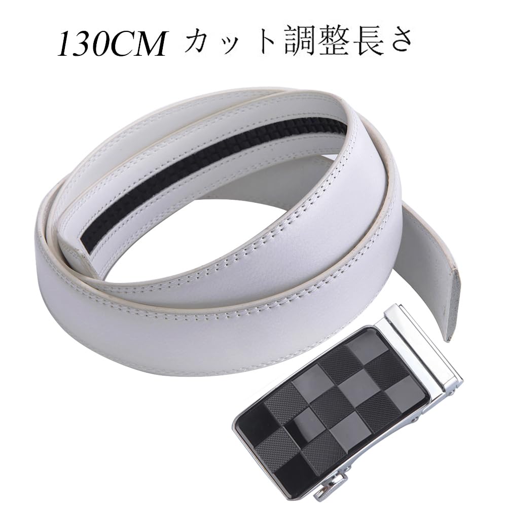XsFireCow Stylish Black Leather with No for Business and Casual Wear White Golf Men's Auto-Lock Belt, Auto-Lock Buckle, Holes, 130cm, (02 Belt)