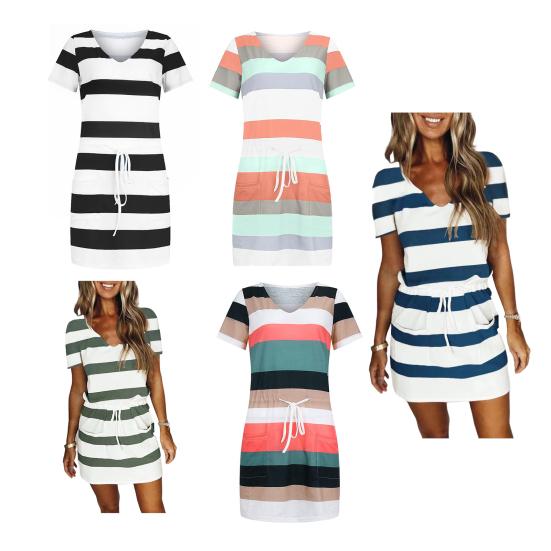 Women's Summer Dress Striped V-neck Short Sleeve T-Shirt Dress Casual Tie Wasit Mini Dress with Pockets