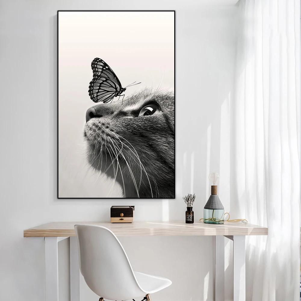 Black And White Cats Butterfly Canvas Painting Cute Animal Poster for Bedroom Decor Sports Landscape Office Room Home Decor G