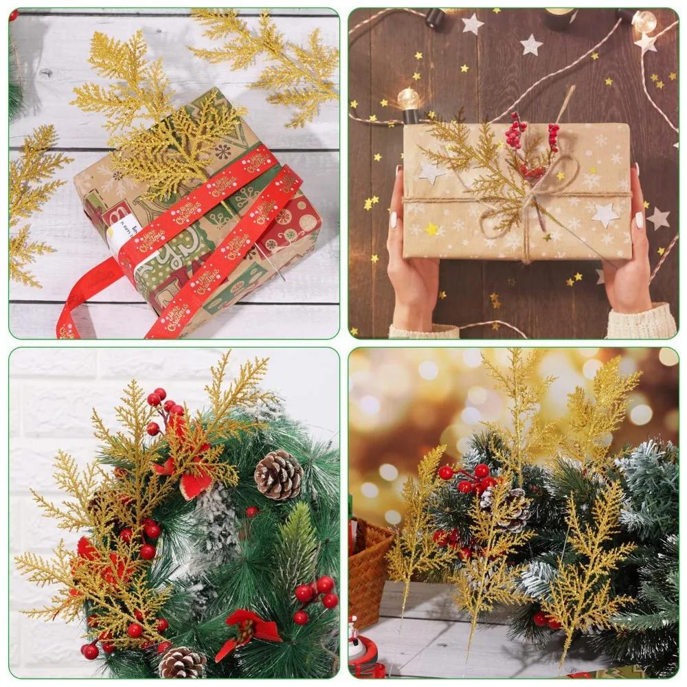 10/5Pcs Christmas Glitter Artificial Pine Needles Xmas Tree Flowers Branches DIY Garland Ornaments Navidad Party Home Decoration