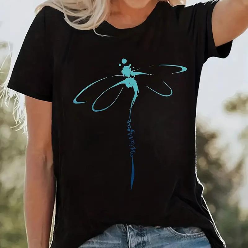 

Модная женская футболка с принтом стрекозы, забавная повседневная футболка с круглым вырезом и короткими рукавами, летняя женская футболка 8XL чёрный