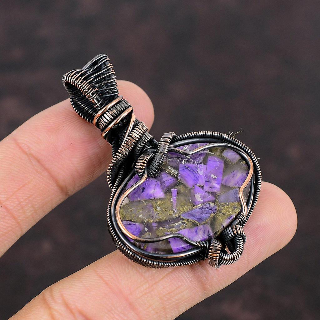 Pendentif en Charoïte de Cuivre Pendentif en Fil de Cuivre Enroulé Bijoux en Pierres Précieuses Pendentif Fait Main Pendentif Lapis Lazuli Beaux Bijoux en Cuivre Pour Cadeau