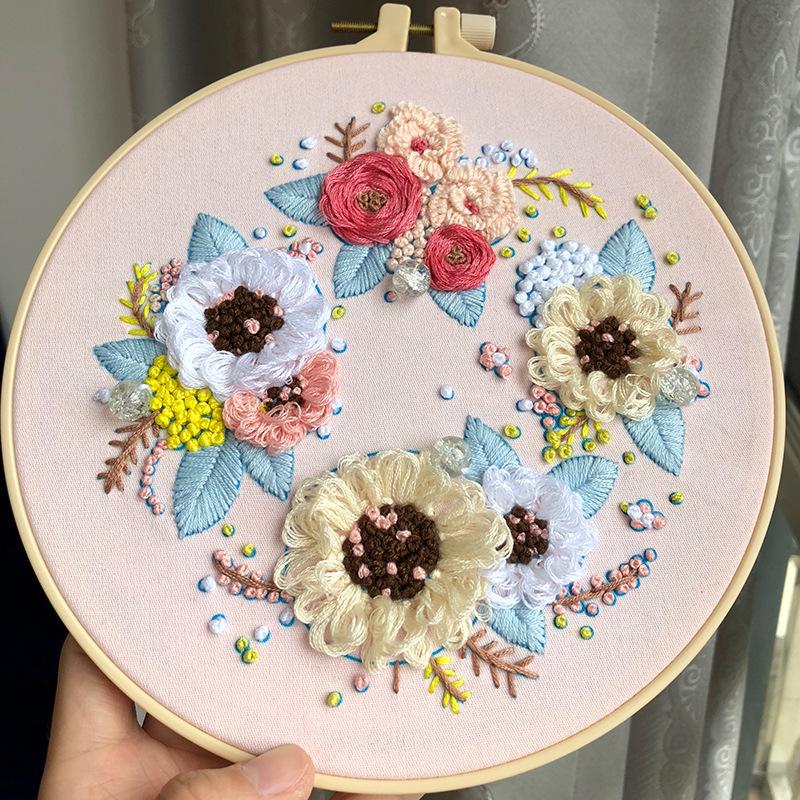 Embroidery Cross Stitch Easy DIY Starter Kit Flowers Pattern Pre-Stamped Needlepoint Sewing Art Craft With Hoop Thread and Tools