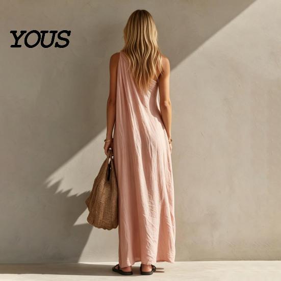 Casual Dress Women Women's Summer One Shoulder Beach Sundress, Pleated A-line Party Wear Flowy Long Dress, Loose Travel Vacation