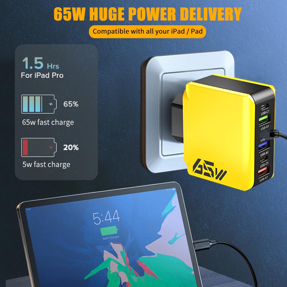 65W Multi-port Charger: 3 PD + 3 USB Ports, Compatible with US/EU/UK Standards, C Port Adapter