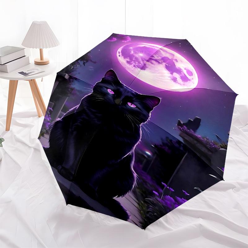1pc Black Cat MoonOpen/Close Umbrella-Windproof, Compact Travel Umbrella, Sturdy 8-Rib Shaft, Outdoor Accessory, 1019