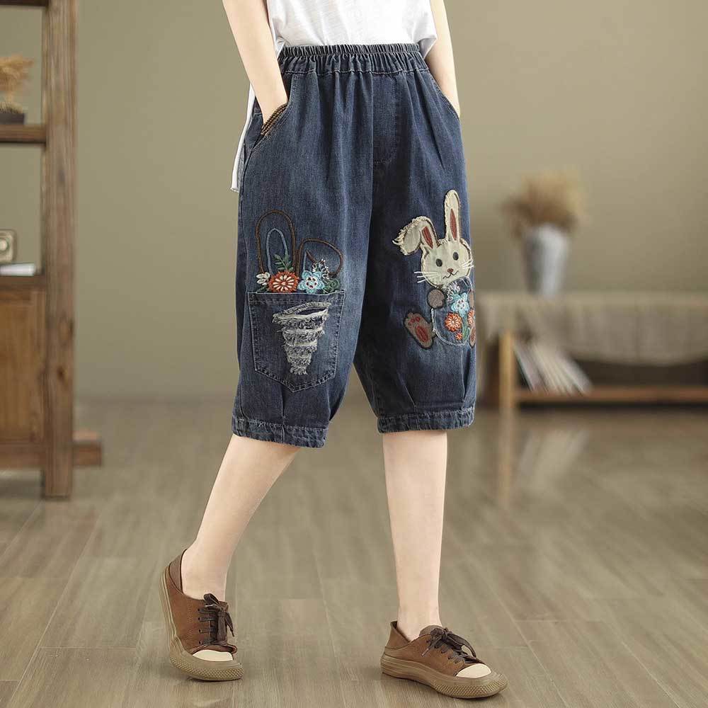 Summer Cartoon Ethnic Embroidery Denim Shorts for Women Loose Casual Drawstring Harem 5 Minute Mid Length Pants