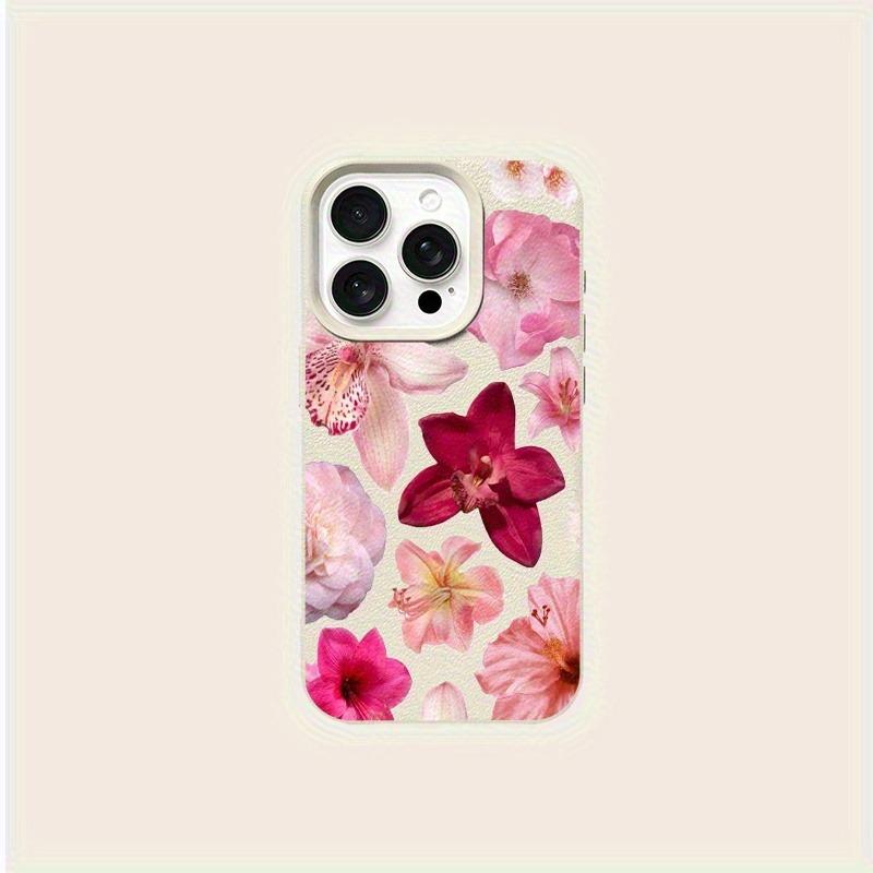Eine stilvolle rosa-blumenverzierte Handyhülle mit Litschi-Textur, geeignet für iPhone 17, 16, 15, Plus, Pro, Max Serien-Handys—Kann als Geschenk verwendet werden