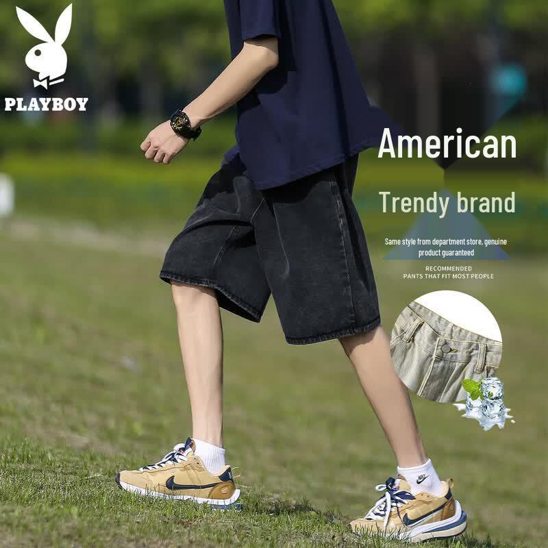 

Playboy Men s Summer Loose Straight-Leg Denim Shorts M