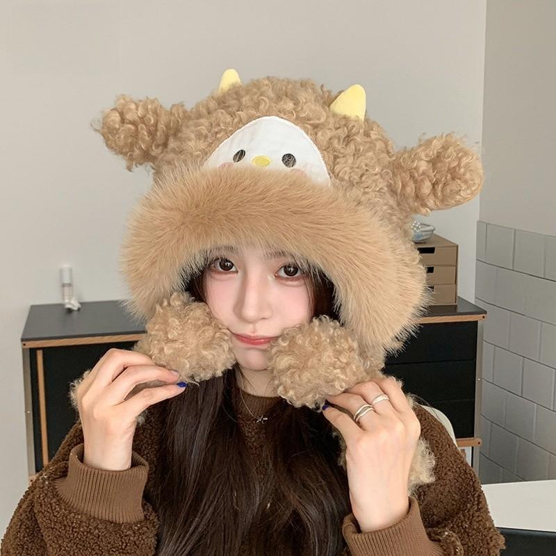 Winter Plush Cartoon Sheep Beanie Hat With Ear Protection For Girls And Kids