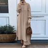 Women Solid Two Piece Outfit Lapel Long Shirt Maxi Blouse Wide Leg Pants Set Elegant Modest Muslim Abaya Suit Spring Daily Wear For Middle East Market