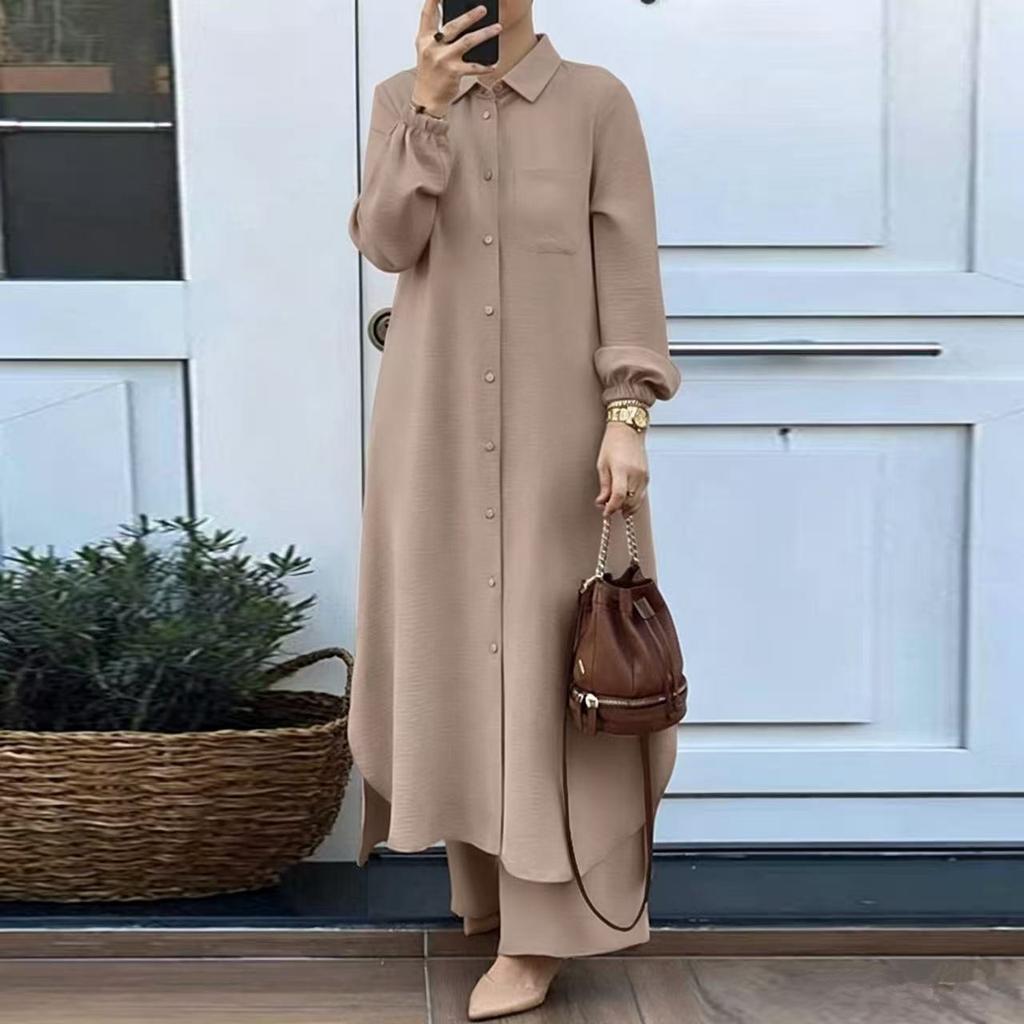 Women Solid Two Piece Outfit Lapel Long Shirt Maxi Blouse Wide Leg Pants Set Elegant Modest Muslim Abaya Suit Spring Daily Wear For Middle East Market