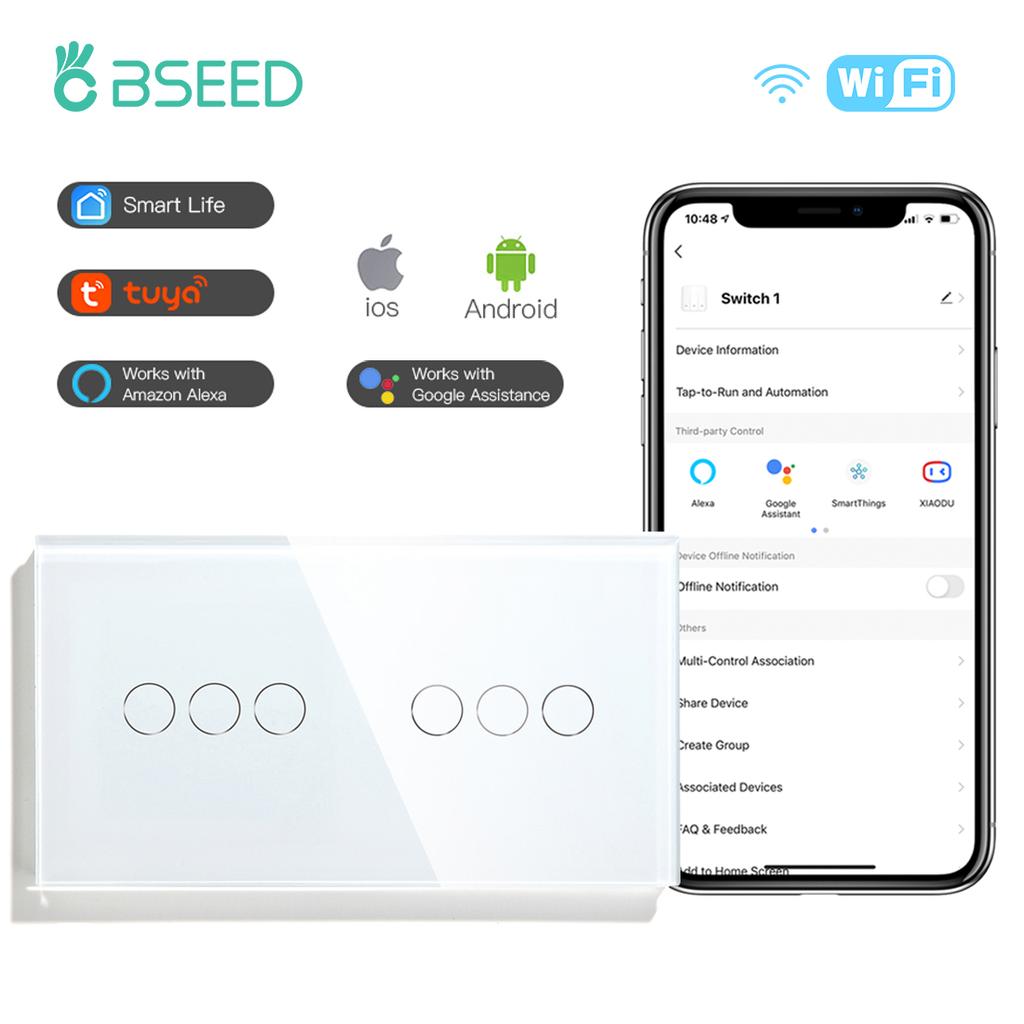 BSEED  Wifi 1/2/3Gang Smart Touch Switches 1/2/3Way Wall Light Switches Tuya Smart Life App Control Plus Sockets EU Standard