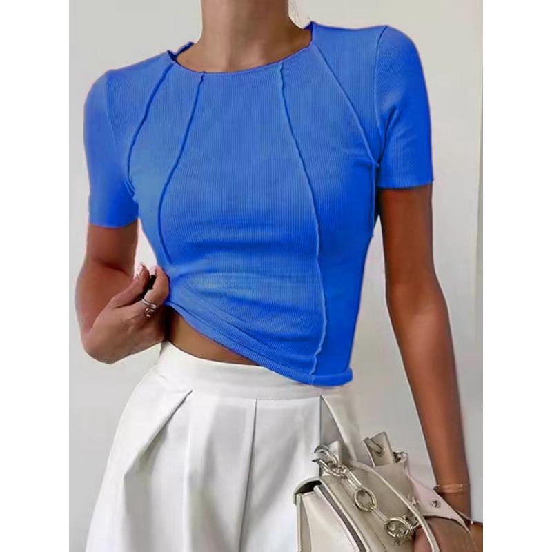 Dámské jednobarevné tričko s rozparkem na hrudi a kulatým výstřihem Nový letní přiléhavý top