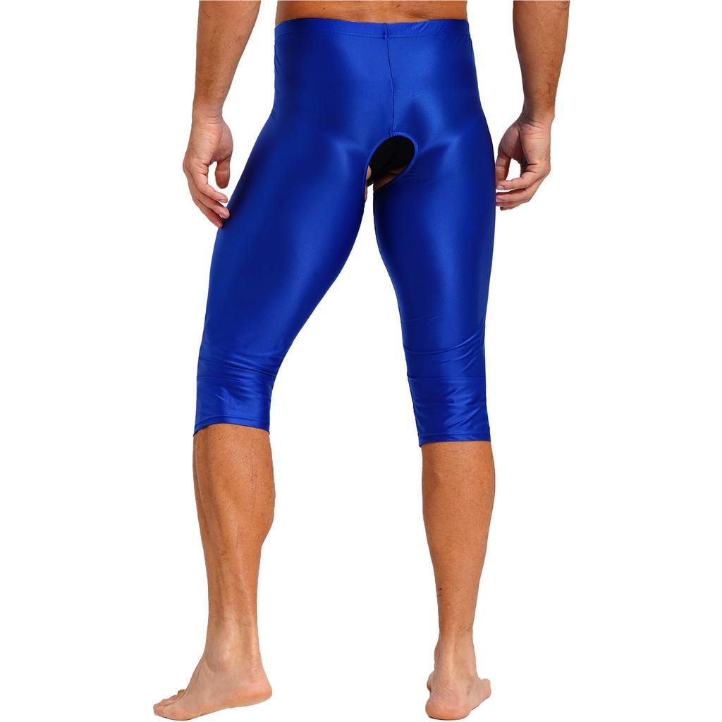 Mens Glossy Open Crotch Shorts Stretchy Elastic Waistband Slim-Fit Leggings Smooth Fabric for Gym Club Outfits