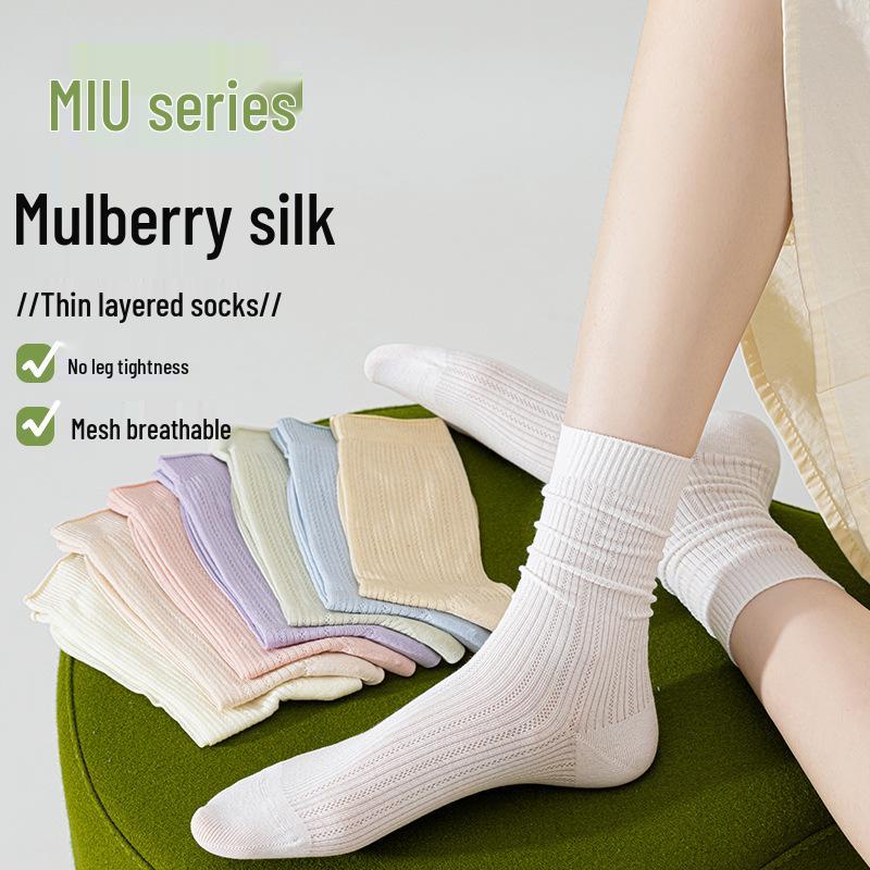 Women's Mulberry Silk Mid-Calf Mesh Socks - Antibacterial, Lightweight, Seamless, Slouchy, Ballet Style