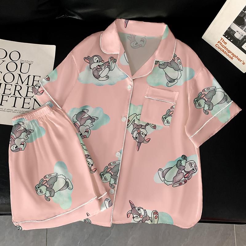 Cartoon Cartoon Little Pink Rabbit Summer Short-Sleeved Ice Silk Satin Pajamas Women'S Sweet Wind Loungewear Set