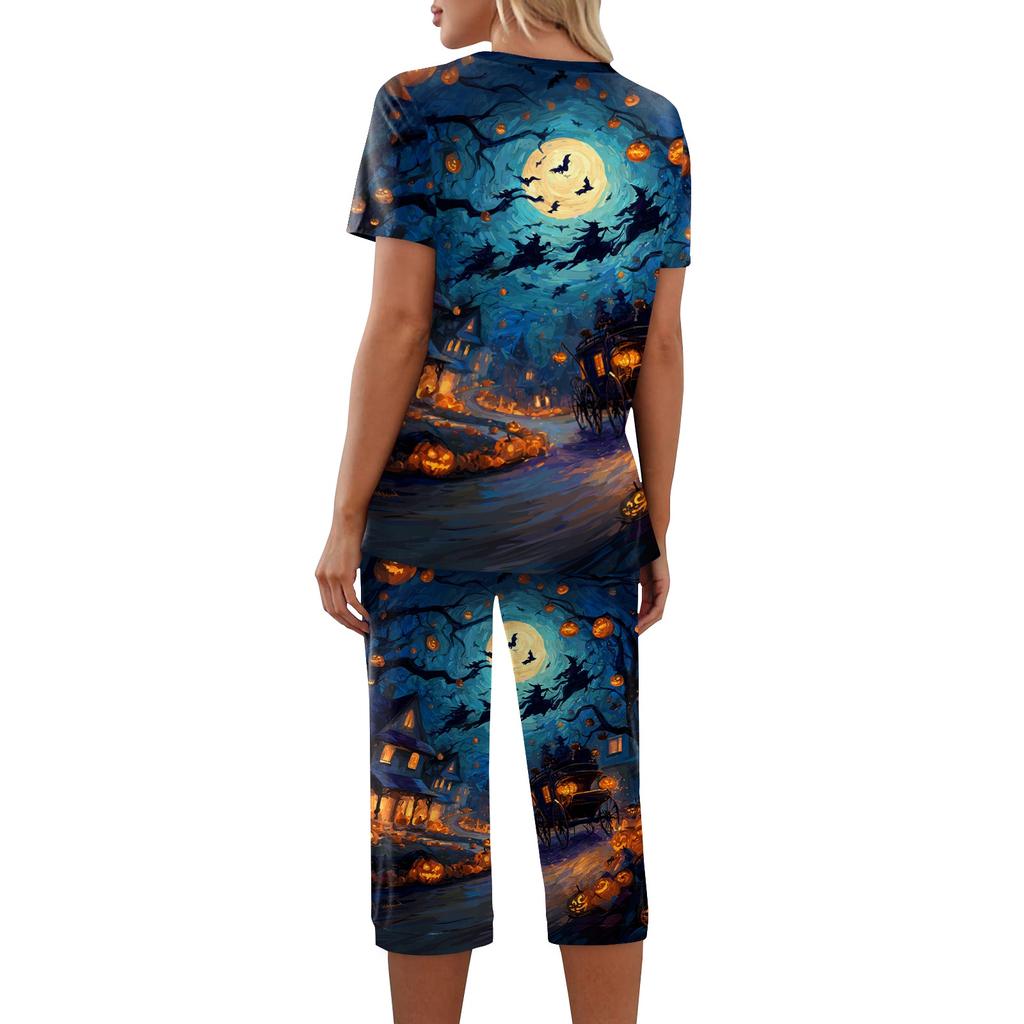 Women's Two Piece Halloween Print Lounge Set Short Sleeve Top with V Neck and Capri Pants Casual Sleepwear Pajama Set for Relaxed Fit