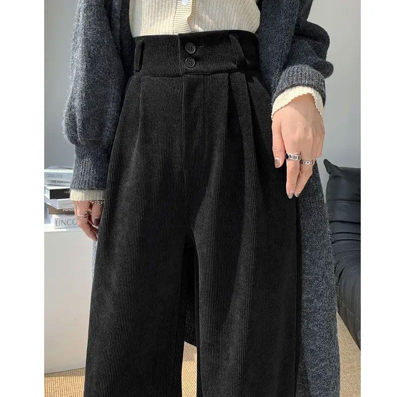 Women's Black High-Waist Cotton Plush Pants - Autumn/Winter 2026 Korean Style, Slim Straight Wide-Leg, Drapey.