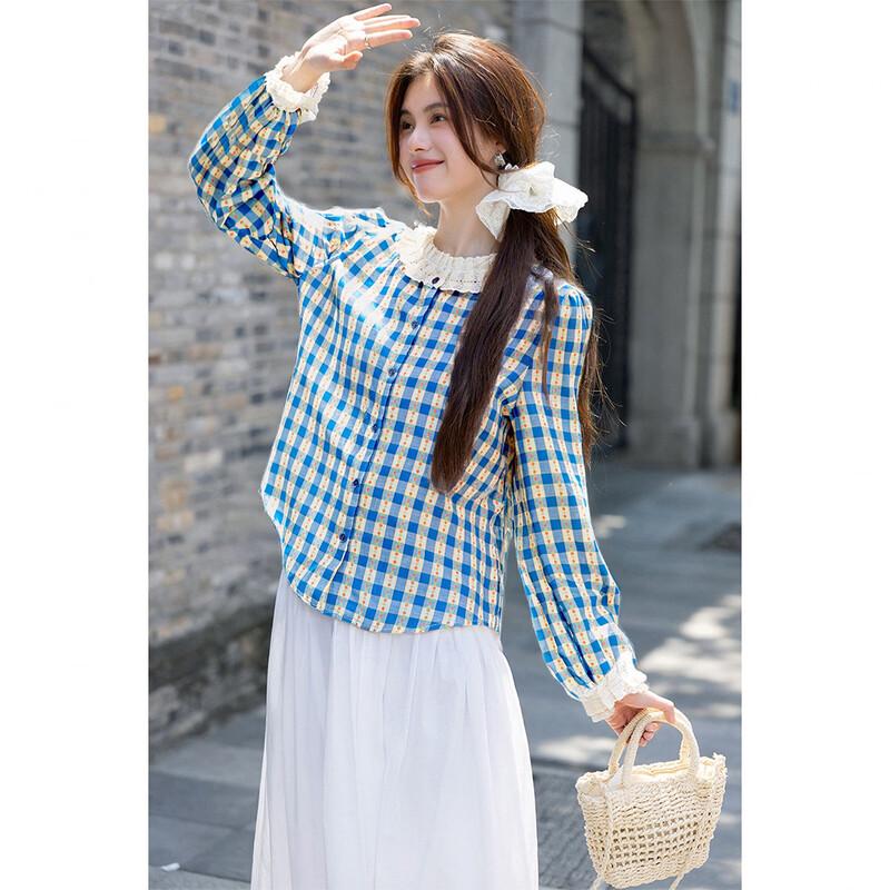 ITISF4 French Sweet Plaid Lace Long Sleeve Shirt
