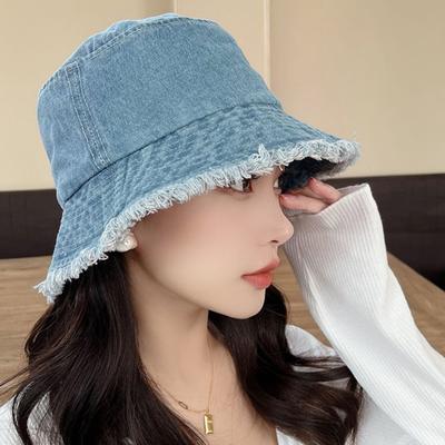 Women Bucket Hat Sun Protection Anti-UV Wide Brim Ripped Edge Flat Top Foldable Retro Windproof Breathable Outdoor Camping Fishing Sun Cap