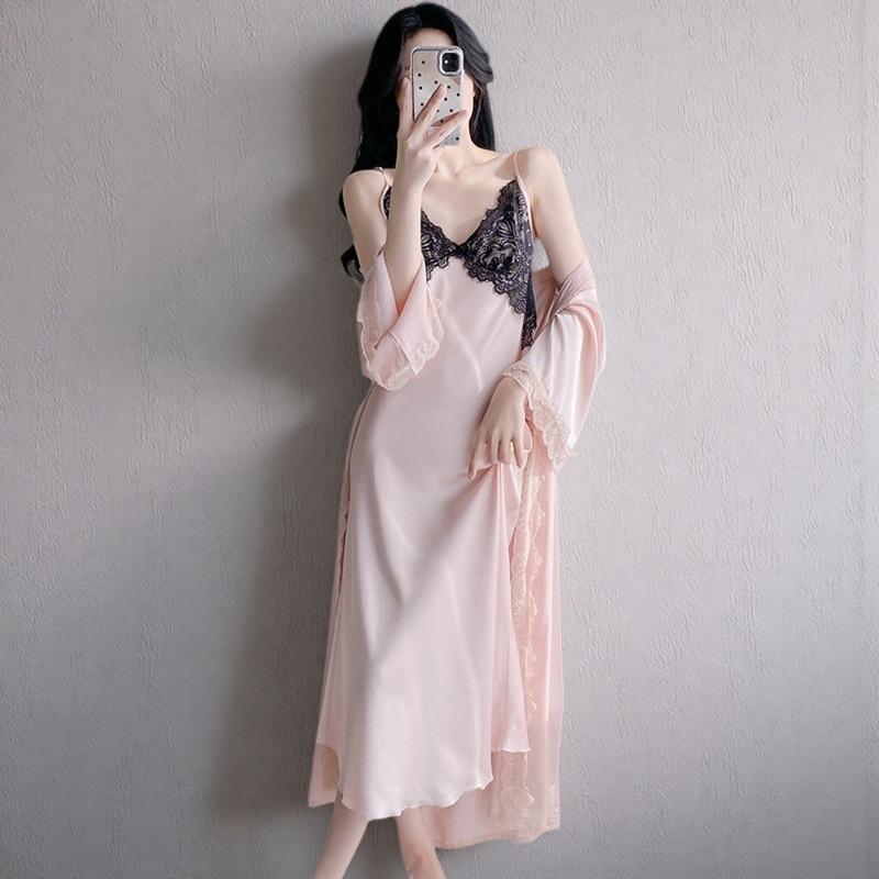 Ice and snow silk long dress women's summer sexy pajamas long suspender nightdress ice lace backless loungewear with chest pad