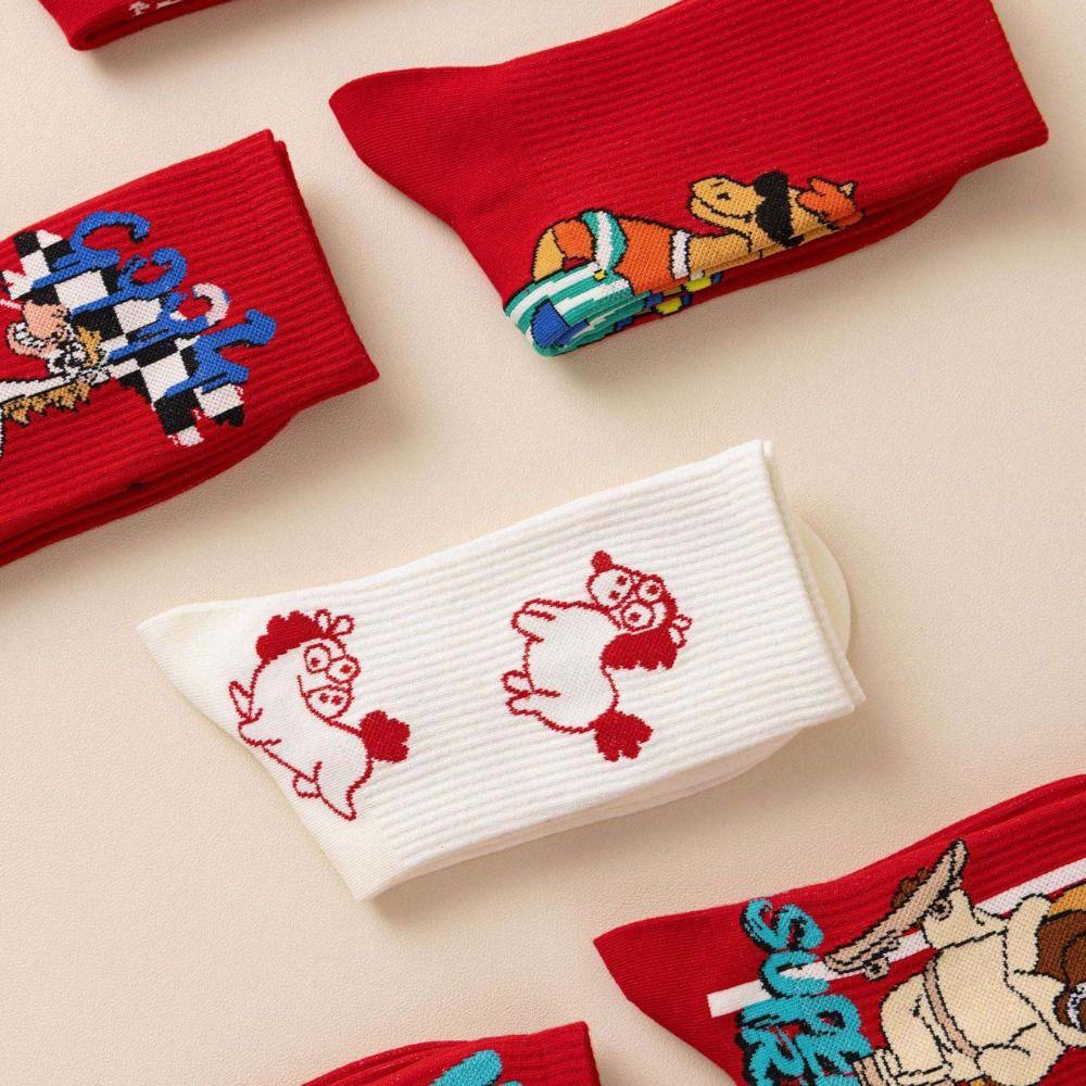 Chinese Culture Year of The Horse Socks Cartoon Red Cotton Socks Zodiac Year Socks Winter Autumn