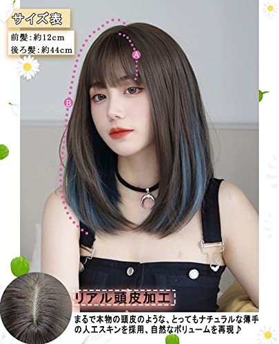 Limakara Wig, Medium Straight, Inner Color, Natural-Looking Wig, Full Wig, Semi-Long, Layered, Women's Wig with Net (Brown or Blue)