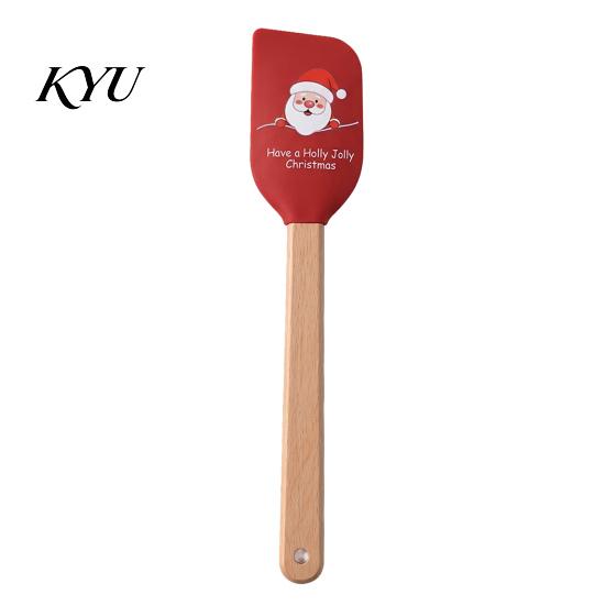Cookie Dough Mixing Tool Silicone Spatula with Wooden Handle, Christmas Tree/Snowman/Santa Claus/Elk Pattern Themed Kitchenware Decor, Heat Resistant