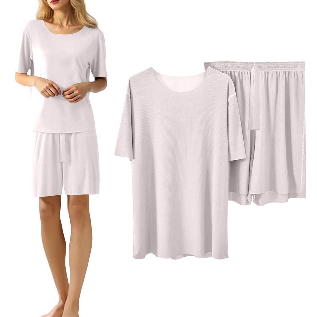 Women's Casual Pajama Set Solid Color Short Sleeve Shorts Pants Two Pieces