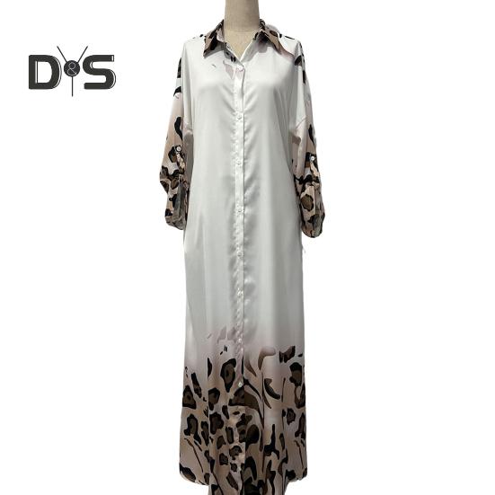 Lady Spring Maxi Dress Lapel Leopard Print Long Sleeves with Cufflink Loose Single-breasted Vintage High Waist Casual Daily Dress