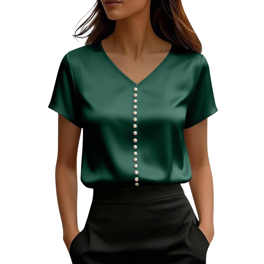 Top de damă din satin cu mânecă scurtă, Bluză elegantă de vară cu decolteu în V și nasturi perlă, Top casual formal,