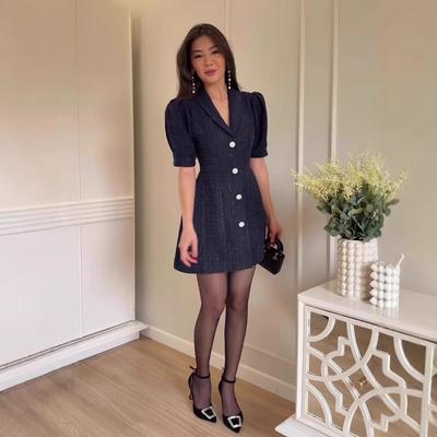 Navy Blue Tweed Blazer Collar Bubble Sleeve Dress with White Buttons