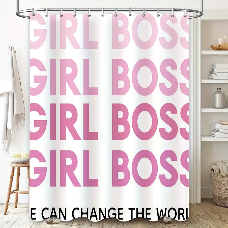 Ensemble Rideau de Douche Chic Fille Boss Pour Décor de Bain Design Typographie Rose Dégradé Matériau en Tissu Durable Avec Crochets Inclus