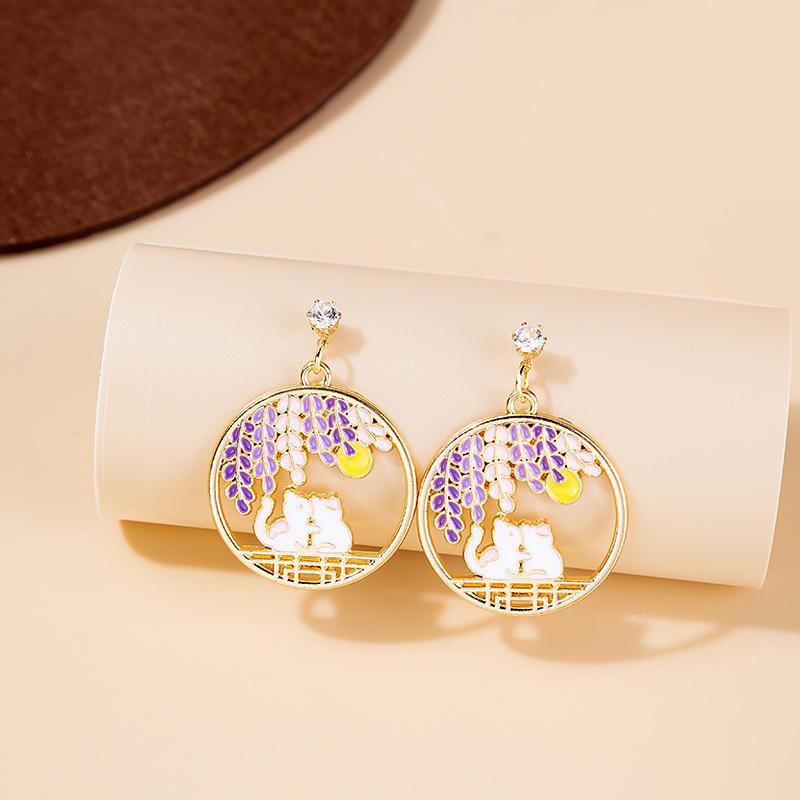 Colorful Drip Oil Pearl Flower Earrings: Japanese & Korean Style Kitten and Mount Fuji Studs