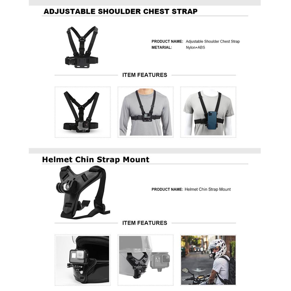 Kit Accesorii Curea Piept & Bărbie Cască Motocicletă pentru GoPro Hero 12 11 10 9 8 Insta360 X3 DJI Osmo Action 4 Cameră Telefon Mobil