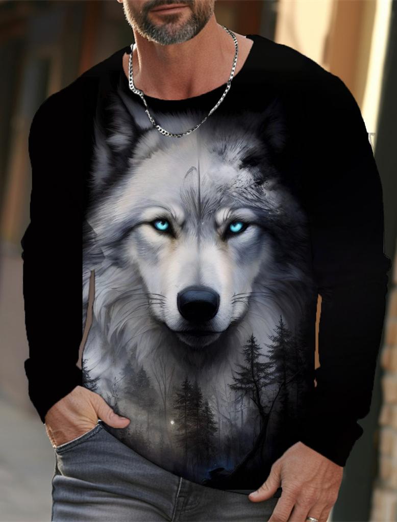 Maglietta a maniche lunghe da uomo con grafica The Wolf, per abbigliamento casual da uomo, maglietta alla moda, stampa 3D completa di animali, streetwear