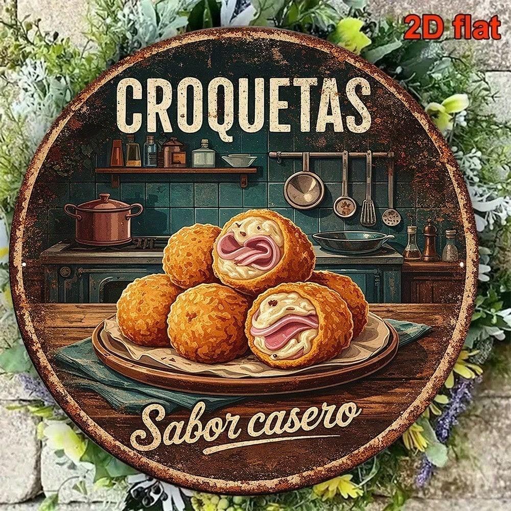 1pc Vintage Croquetas Tin Sign 8x8in Round Metal Plaque Spanish Cuisine Wall Art Kitchen Bar Decor