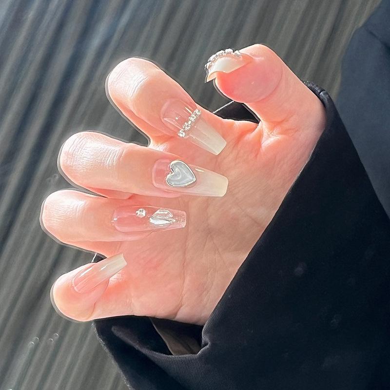 

Medium Length Milky White Heart Nail Art Patches - Pure Desire Ins Style Gold Plated Top Coat