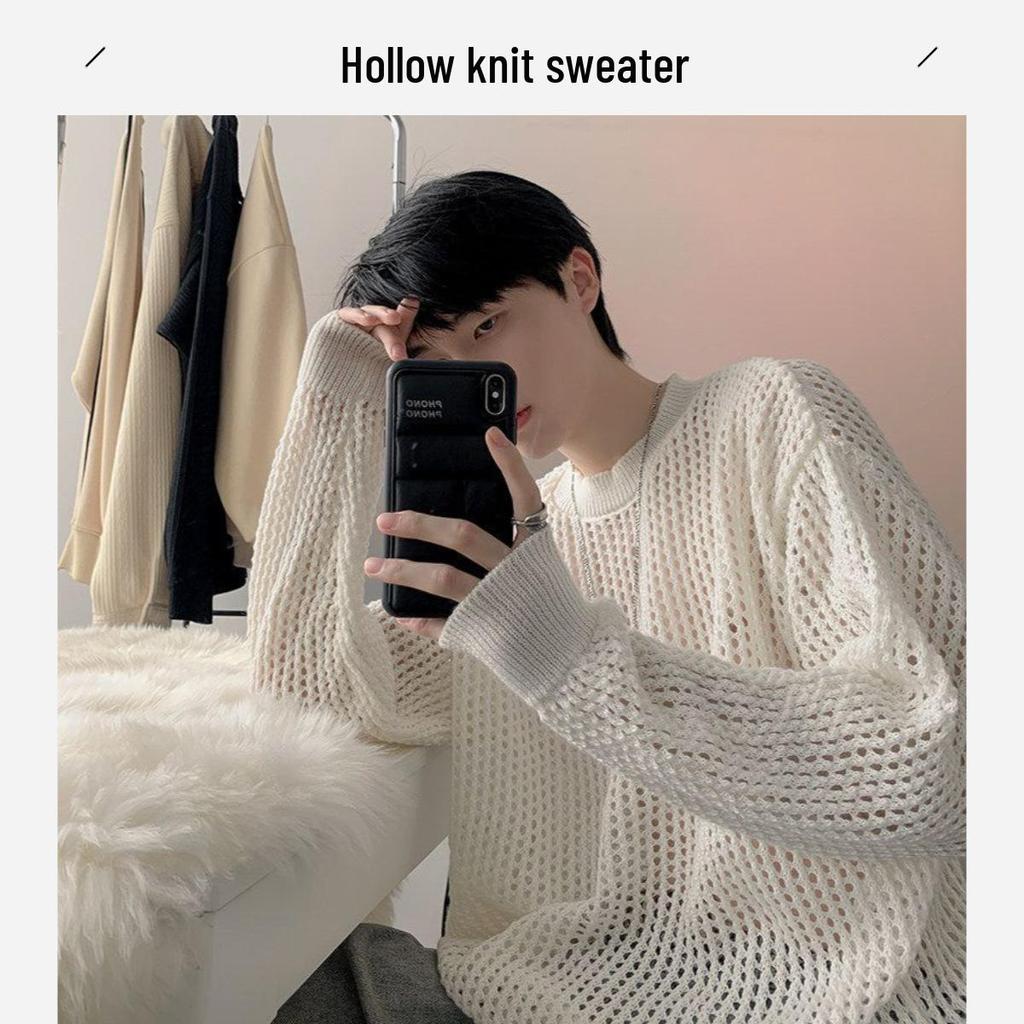 Herren Sommer Dünnes Karomuster T-Shirt: Trendiger Hong Kong Stil, Lochstrick, Langarm, Rundhals Überwurf